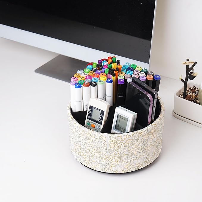 lizimandu Remote Control Holder, 360°Spinning PU Leather Desk TV Remote Caddy,Desk Storage Box Room Accessories for Controller, Media,Mail,Calculator, Mobile Phone,Pencil(1B-Carved White Gold)