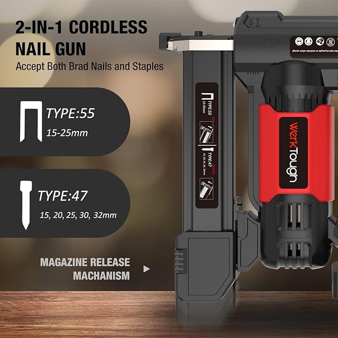 20v Cordless Staple Gun Brad Nailer 2 in 1 Aluminum Metal magzine 1 Hour Fast Charger 2000mA Lithium Battery 2000pcs Free Staples(90 4/5”1000+18GA 1”x1000) in Tool Case