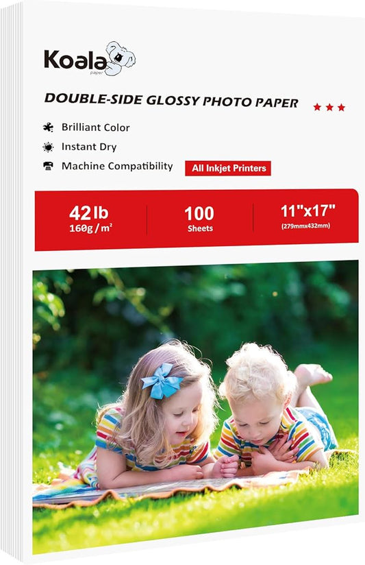 Koala Brochure Paper Double Side Glossy for Printing Photo 11X17 Inches 100 Sheets Compatible with Inkjet Printer 42LB