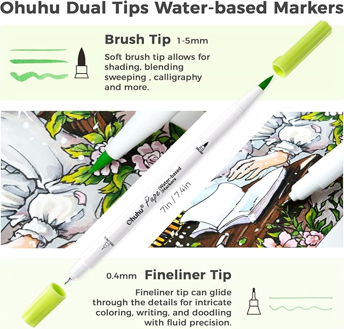 Ohuhu Markers Paper-friendly No Peeling Water-based 60 Colors Dual Brush Fineliner Tips Markers for Adult Coloring Books No Bleeding Coloring Markers for Kids Beginner Calligraphy - Pupe
