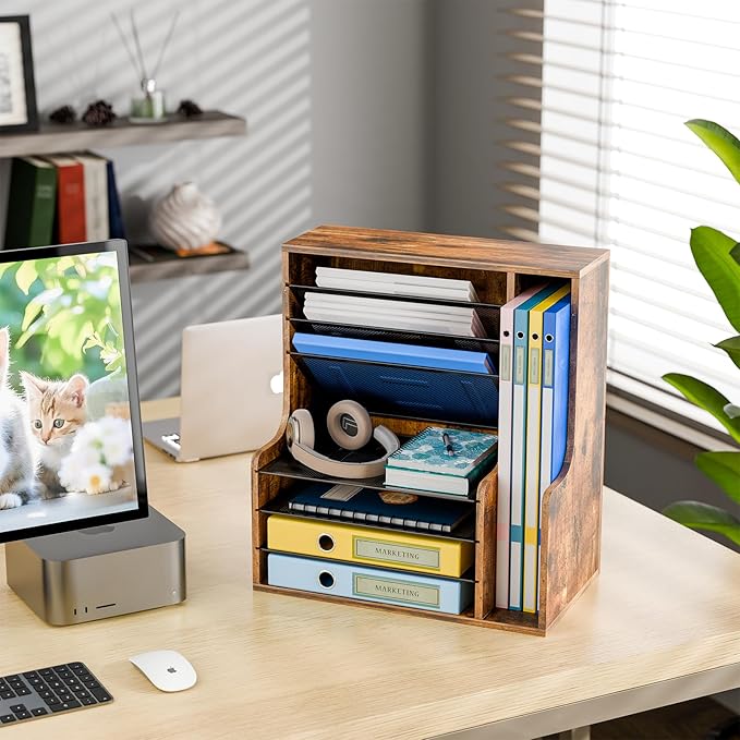 Simple Trending 7 Tier Desk File Organizer, Wooden Letter Tray Paper Organizer with Adjustable File Holder, Mesh Desktop Organizer and Storage for Office Supplies