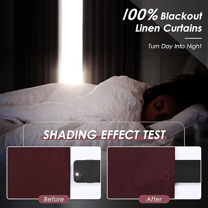 Nanspring Burgundy Linen Blackout Curtains 108 Inches Long Loop Pocket Rod Pocket Flax Linen Sound Absorbing Light Blocking 2 Panels Set for Dining Room Modern Urban Curtains Drapes 52x108
