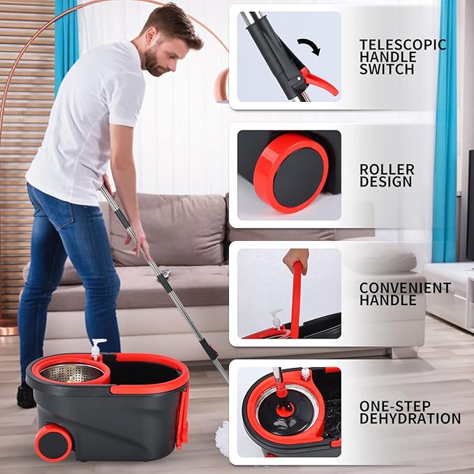 Spin Mop and Bucket with Wringer Set on Wheels, 360° Spinning Mop Bucket System with 3 Microfiber Mop Replacement Heads and 61" Stainless Steel Adjustable Handle for Floor Cleaning (25QT)