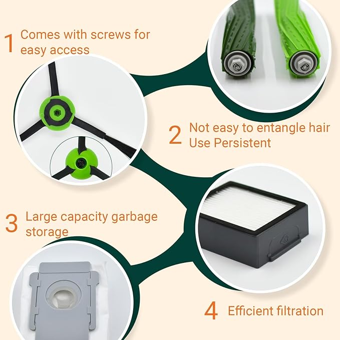 Yojolee Replacement Parts Compatible with iRobot Roomba J7 J7+ J5 J5+ J6 J6+ J8 J8+ J9 J9+ Vacuum Cleaner Accessories Kit,Front Caster Wheel,Rubber Roller Brushes,3 HEPA Filters,3 Side Brushes,2 Bags
