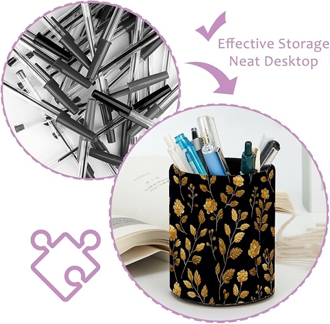 Leather Pen Holder for Desk Floral Golden Pencil Cup Desktop Organizer Makeup Brush Holders Office Supplies for Home, Kids & School