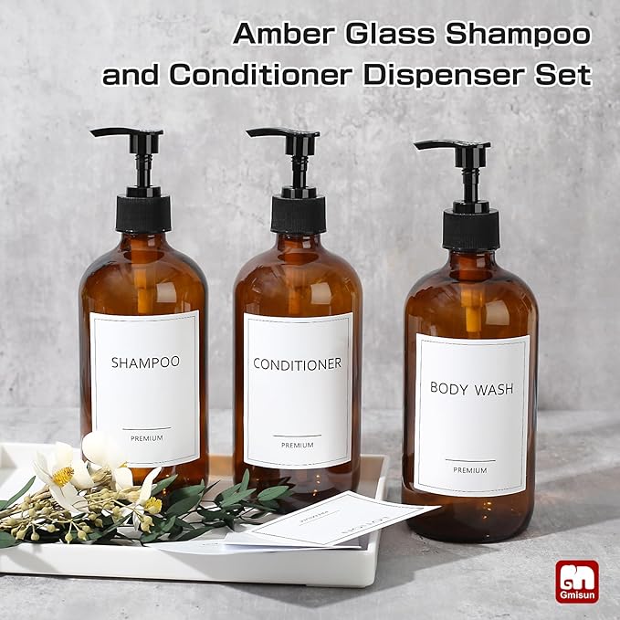 GMISUN Glass Shampoo and Conditioner Dispenser, Shower Soap Dispenser Bottles with Labels, Refillable Shampoo Conditioner Body Wash Dispensers, Amber Glass Soap Pump Dispenser Set for Bathroom Shower