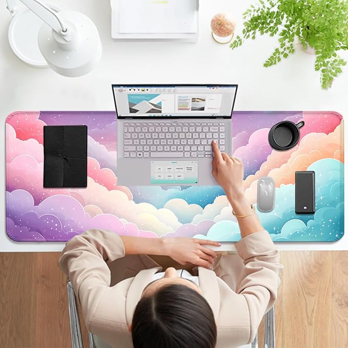 Dreamy Colorful Cloud and Star Gaming Desk Mat, Computer Keyboard Large Extended Long Girly Mouse Pad for Office and Home, XL (W08)