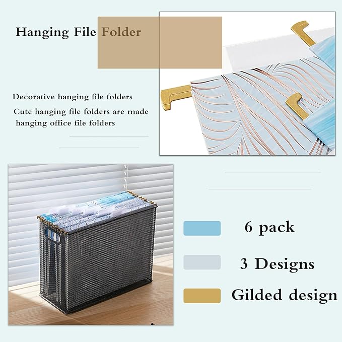 6 Pack Hanging File Folders Filing Cabinet Organizer Letter Size 1/5 Cut Adjustable Tabs Decorative for Home Office School Classroom, Gilding 9.3” x 12.8”…
