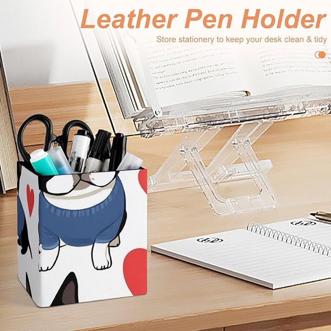 Pen Holder Square Leather Pencil, Holder Cup Makeup Brush Storage Organizer, Waterproof Multifunctional Office Supplies Boston Terrier Bulldog