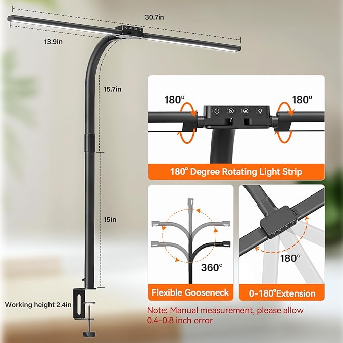 AUSDOM LED Desk Lamp for Home Office, 24W Ultra Bright Architect Task Light with Clamp & USB Port, 5 Colors & Dimming Touch Control, Flexible Gooseneck for Reading, Crafting, Gaming- 50 Lighting Modes