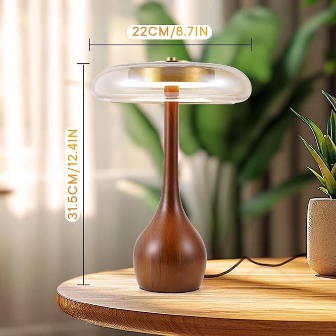 Small Table Lamp for Bedroom-Wooden Base Teardrop Mushroom Table Lamps,Amber Glass Shade,LED Three Color Temperature Adjustable Brightness Modern LED Side Table and Desk Lighting(H 12.4 in)