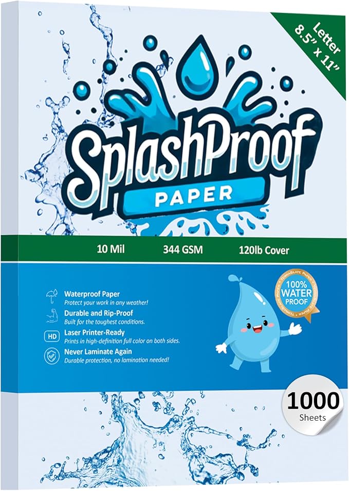 Printer Paper - 8.5" x 11", 10 Mil Thick Waterproof Paper, Laser Printer & Copy Machine Compatible (1,000 Sheets)