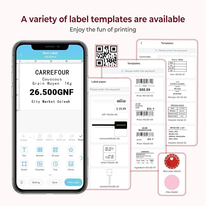Phomemo Thermal Label Maker - M110 Barcode Label Printer Portable Bluetooth Labeler Maker Machine for for Small Business, Address, Logo, Clothing, Mailing, with 40x30mm Label, Pink