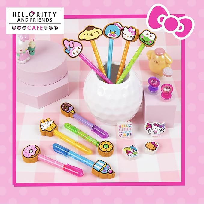 Hello Kitty & Friends Café Multi-Pen Set, 10 Hello Kitty Pens For Kawaii Notebook, Stamps, Erasers & More Sanrio Stationery, Fun Office Supplies, Cute School Supplies, Hello Kitty Merch