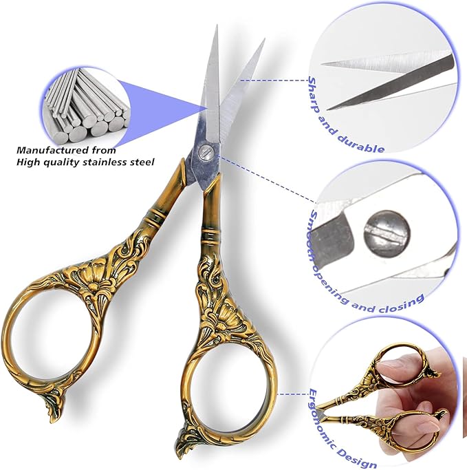 BIHRTC 4.5Inch Small Sharp Pointed Stainless Steel Scissors Craft Cross Detail Shears Thread Scissor for Sewing Craft Embroidery Needpoint Artwork DIY Tool Scissors Bronze Scissor