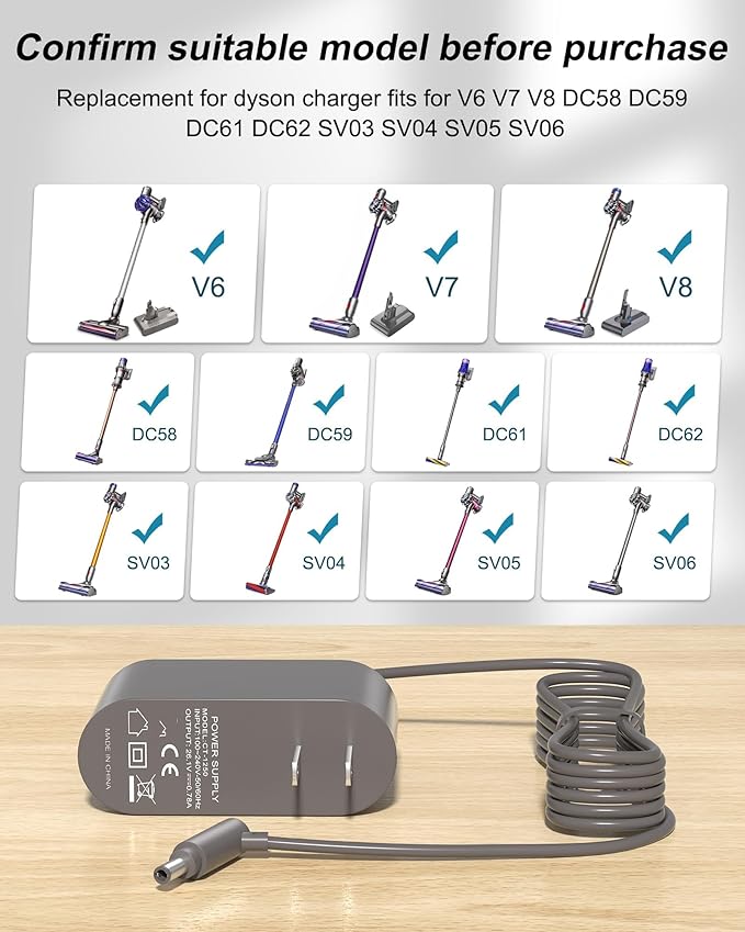 WUKUR 26.1V Charger Compatible with Dyson V8 V7 V6 & Car+Boat Models,NOT Compatible with Dyson V10/V11/V15, Replacement Power Cord Compatible with Dyson Cordless Vacuum Charger