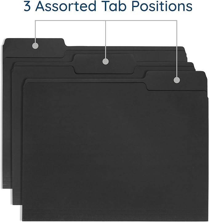 100 Blue Summit Supplies Black File Folders - Letter Size File Folders with 1/3 Cut Tabs, Durable 11pt Black Paper, Holds Letter Size Documents, Black Folder 100 Pack