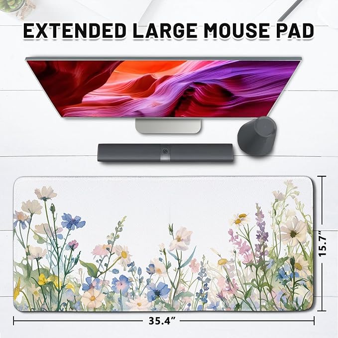 Flower Mouse Pad Large Extra, Oversize Gaming MousePads with Stitched Edges Non Slip, Full Bloom ElegantFloral Computer Desk Pad, Desktop Decor Mat for Keyboard and Mouse 15.7”x 35.4” XXL