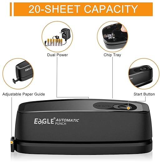 Electric Hole Punch, Eagle Desktop 3 Hole Puncher Force-Saving, 20-Sheet Capacity, AC or Battery Operated Paper Punch 3 Ring, Effortless Hole Puncher for Paper, Home and Office Supplies, Black