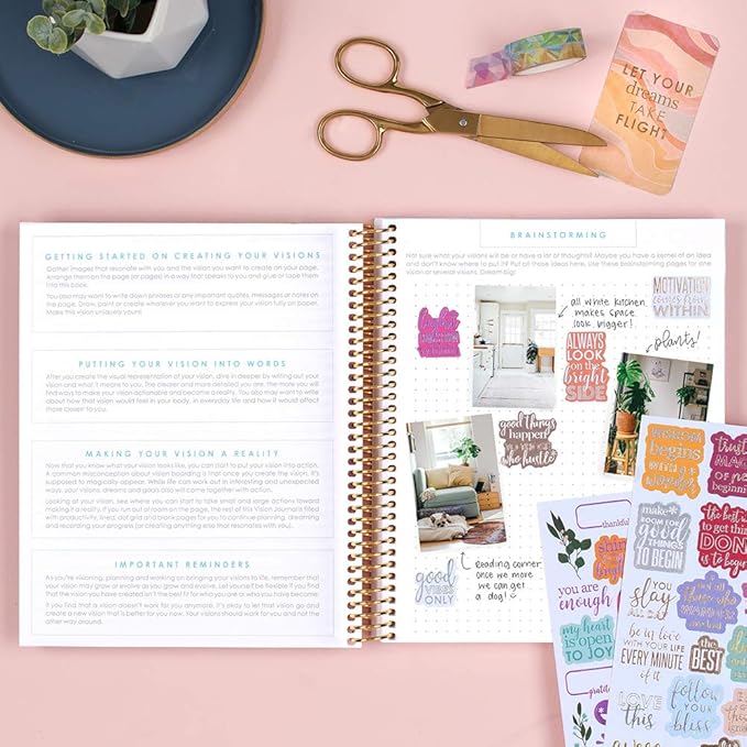 Erin Condren 7" x 9" Prompted Vision Journal - Cherry Blossom Changeable Cover w/Rose Gold Coil. Vision Spreads, Lined, Dot grid, Sketchbook pages w/ 160 pg/80 Sheets of 80# Mohawk Paper