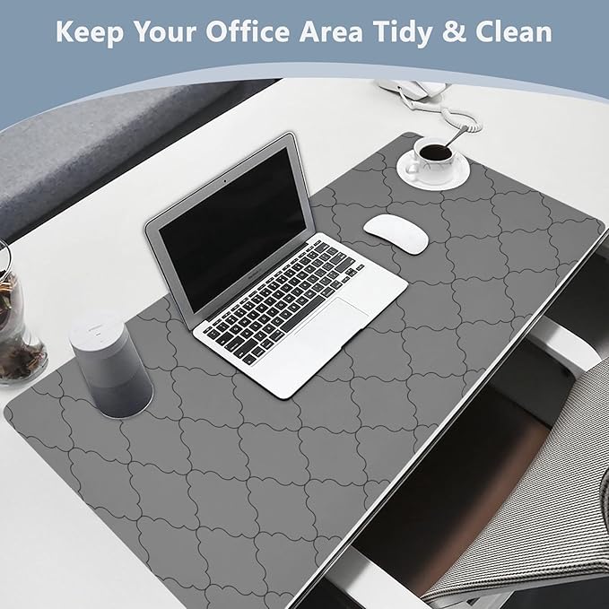 Mouse Pad Desk Mat Leather Desk Pad Large Gaming Desk Cover Protector Mat for Keyboard Computer Laptop Office Waterproof 35.4 x 16.5 Inch Monochrome Geometric Quatrefoil Grey
