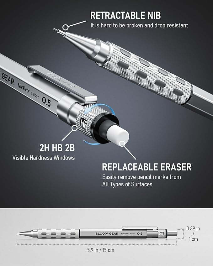 Nicpro Blocky Gear 0.5 mm & 0.7 mm Mechanical Pencils Set in Case, Metal Pencil with 6 Tube Lead Refills, Eraser, Eraser Refills for Professional & Adult Art Writing Drafting Drawing Sketching