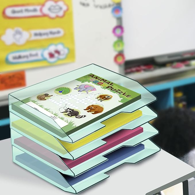 Acrimet Stackable Letter Tray 4 Tier Side Load, Plastic, Desktop File Organizer (Clear Green Color)