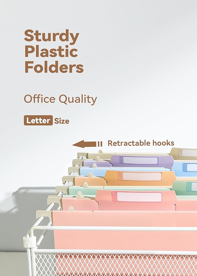 Plastic High Capacity Hanging File Folders, Pastel Colors, 4" Expanding Pocket with Movable Dividers, Heavy Duty for Filing Cabinet, Insertable Tabs, Letter Size - 6 Pack