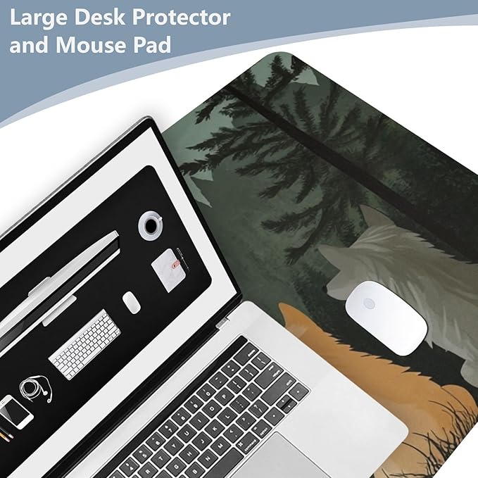 Mouse Pad Desk Mat Leather Desk Pad Large Gaming Desk Cover Protector Mat for Keyboard Computer Laptop Office Waterproof 35.4 x 16.5 Inch Cute Wolves Back and Green Mountain