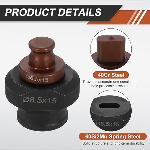 HARFINGTON Hydraulic Hole Punch Die 6.5x15mm Oval Hole 40Cr Steel Electric Punching Kit for MHP-20 JP-20 Electric Punching Machine, Burgundy & Black