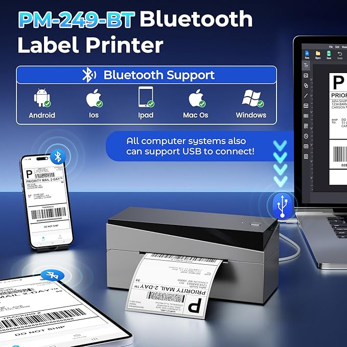 Bluetooth Shipping Label Printer 4x6, 249BT Thermal Label Printer 4x6 for Small Business, Shipping Packages, Office, Home, Compatible with Android iPhone iPad Windows macOS Tiktok USPS Etsy