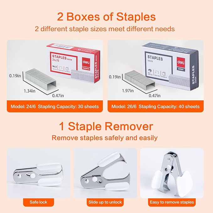 Deli Stapler, Effortless Staplers for Desk, 40 Sheet Capacity Heavy Duty, One Touch, No Effort, Easy to Load, with 2000 Staples & Staple Remover, 6 Pack, Black&White