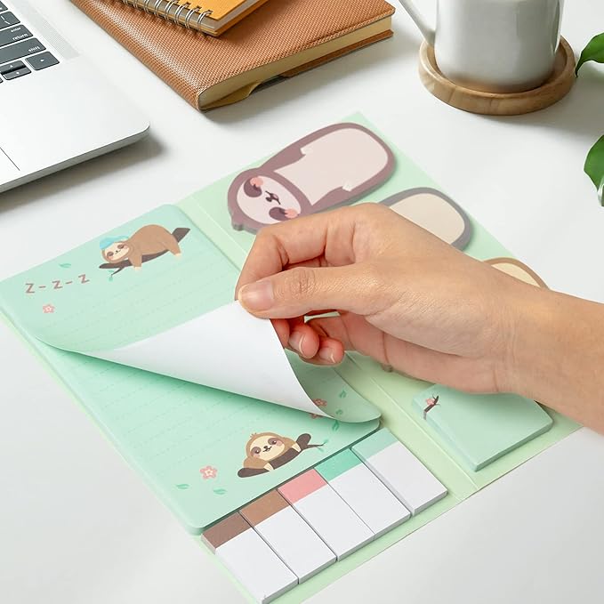 Xqumoi I Just Really Like Sloths Sticky Notes Set, 550 Sheets, Cute Cartoon Sloths Self-Stick Notes Pads Animal Divider Tabs Bundle Writing Memo Pads Back to School Office Supplies Small Gift