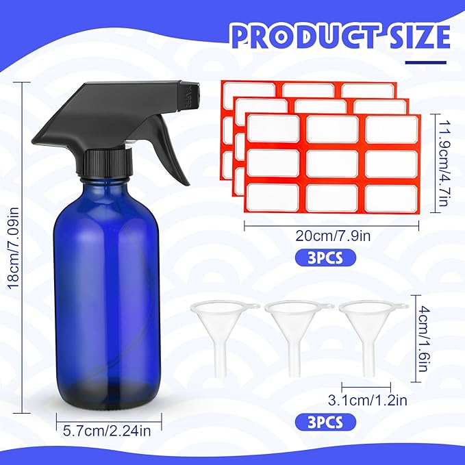 Norme 24 Pcs Glass Spray Bottles with Funnels and Labels 8 oz Refillable Cosmetic Empty Spray Containers with Trigger Squirt Containers for Essential Oil Cleaning Solutions(Blue)