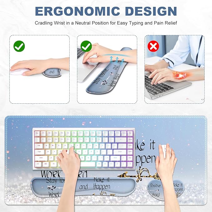 Desk Mat, Gaming Mouse Pad Wrist Rest Support Combo, XXL Large Mousepad + Keyboard Wrist Support +Mouse Wrist Rest+Coaster Set with Ergonomic Design 4in1 for Home Office, Stay Positive Blue