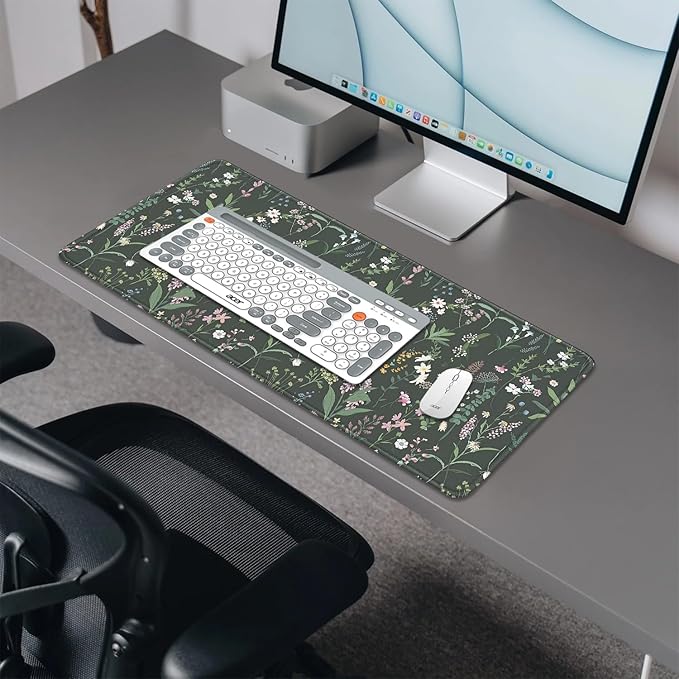 Green Plant Floral Mouse Pad,Large Flowers Mousepad Desk Pad with Stitched Edges,Non-Slip Waterproof Rubber Base Mouse Mat for Office Computer Keyboard Laptop Home(27.5x11.8 in)