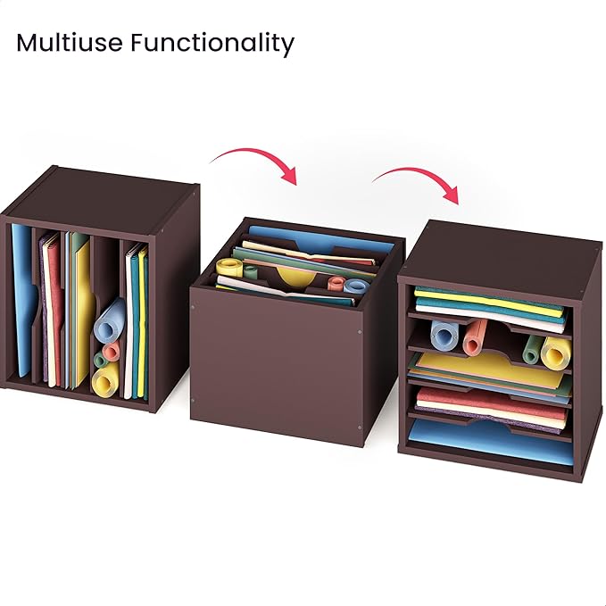 Ballucci File Organizer Paper Sorter, 5 Tier Stackable Office Desk Organizer, Classroom Letter Tray, 13 5/8" x 9 1/4" x 12", Dark Brown