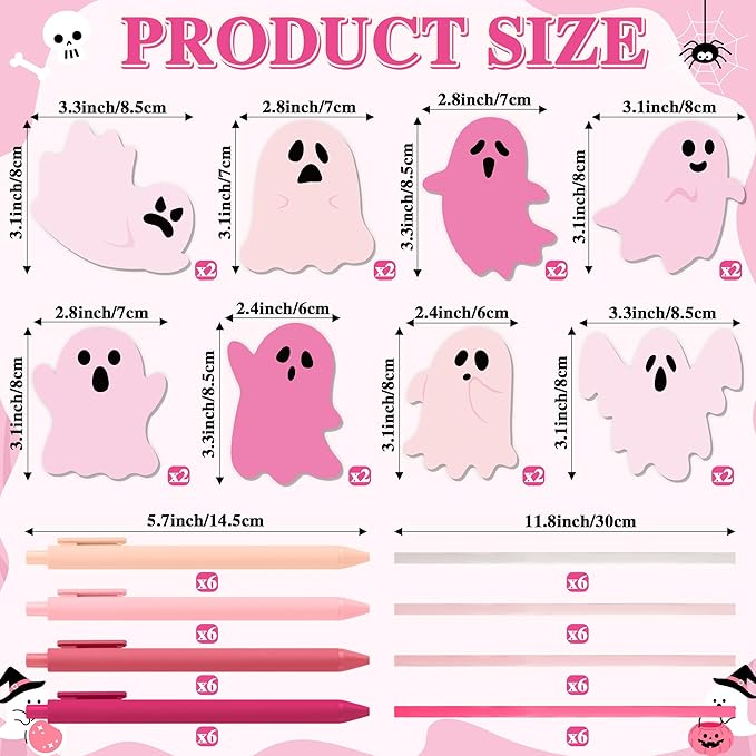 72pcs Halloween Pink Ghost Sticky Notes & Pens & Ribbons Set, Pink Little Boo Pastel Notepads Gift, Self-Stick Memo Pad for Office Classroom Halloween Back to School Party Favor Supplies