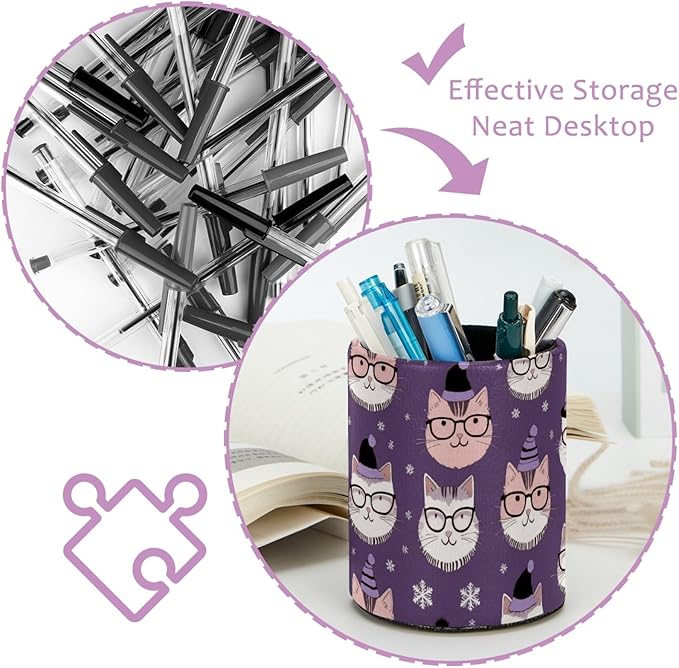 Leather Pen Holder for Desk Cute Cats Pencil Cup Desktop Organizer Makeup Brush Holders Office Supplies for Home, Kids & School
