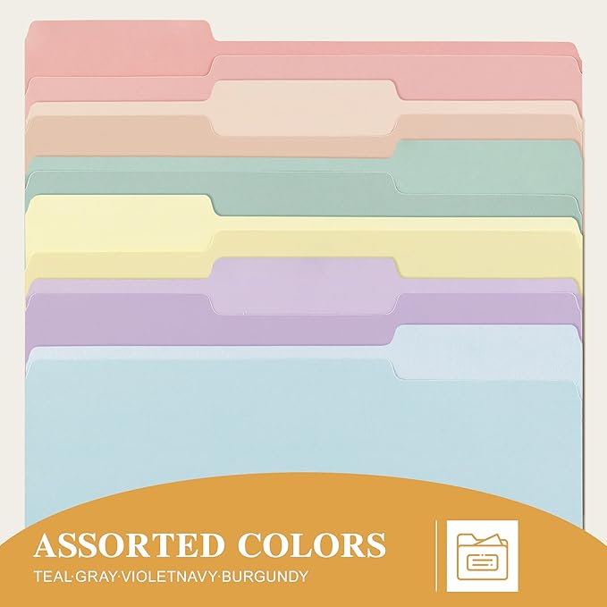 Color File Folders, 1/3-Cut Tabs, Letter Size, 6 Colors Organizer File Folders for School Home Office Business (18, Pastel Colors)
