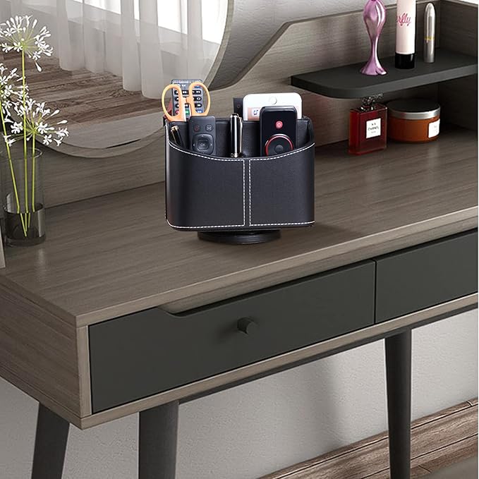 YAPISHI Leather Remote Control Holder, 360 Degree Spinning Desk TV Remote Caddy/Box,Bedside Table Organizer for Controller, Media, Mail, Calculator, Mobile Phone and Pen Storage