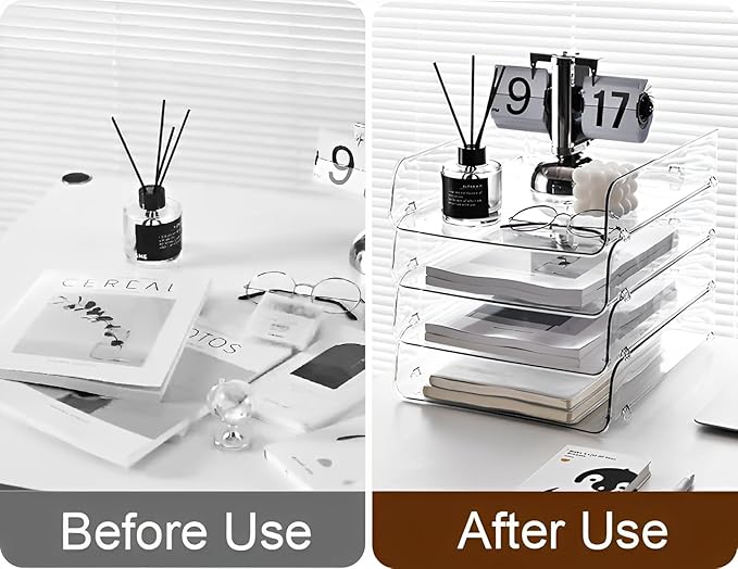 Gagee 4 Pack Clear Stackable Paper Organizer, Office Desk Organizer for Notes, Pens, File, Document, A4 Paper Holder