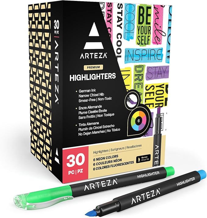 ARTEZA Highlighters Set of 30, Narrow Chisel Tip, Bulk Pack of Markers in 6 Assorted Neon Colors, Office and School Supplies, Note Taking, Planner