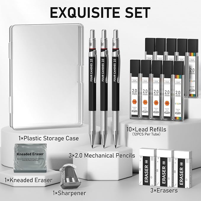 Four Candies 19PCS 2MM Mechanical Drawing Pencils with Case, Metal Art Lead Pencil with 120 Graphite Lead Refills (HB 2H 2B 4B Color), Kneaded Eraser, Sharpener, for Drafting, Drawing, Sketching