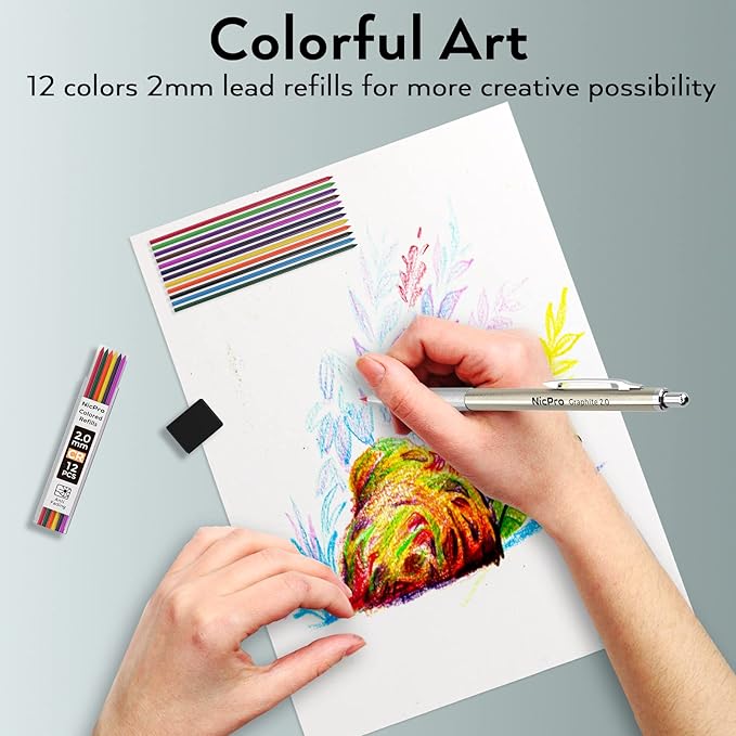 Nicpro 29PCS Metal Mechanical Pencil Set in Leather Case, 0.3 & 0.5 & 0.7 & 0.9 & 2mm Lead Pencil Holder, (6B 4B 2B HB 2H 4H) Lead Refills (Black & Colors), Erasers For Art Drafting Sketching Drawing