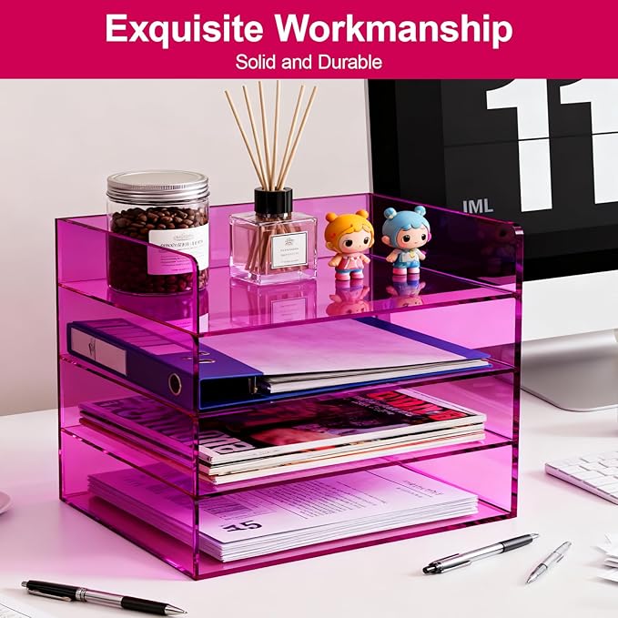 Gelite Acrylic File Organizer for Desk 4 Tiered Stackable Letter Tray Office Paper Storage Desktop Document Sorter, Purple