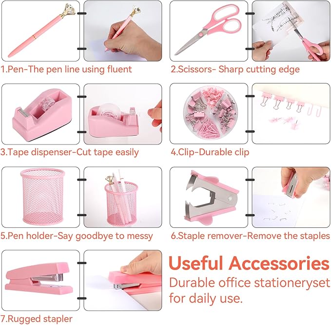Pink Desk Accessories, Pink Office Supplies Set with Stapler, Tape Dispenser, Staple Remover, Pen Holder, Scissor, Binder/Paper Clips, Ballpoint Pen, Clear Tape and 1000pcs Staples
