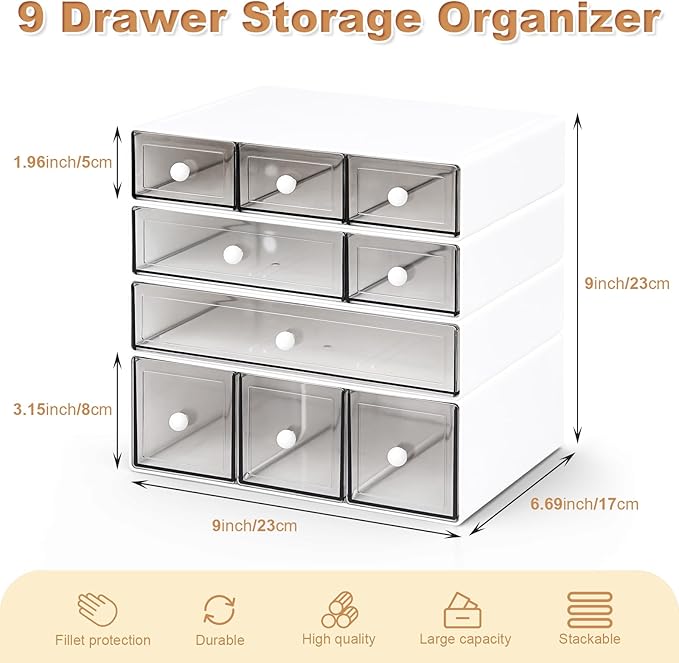 Desk Organizer with 9 Drawers, 4 Tier Plastic Stackable Storage Drawers for Desk Storage, Office Stationary Makeup Organizer Suit for Home, Office and School
