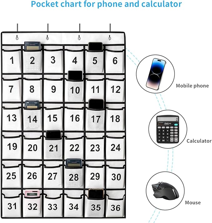 36 Pockets Numbered Classroom Pocket Chart for Cell Phones, Hanging Pocket Chart Storage for Classroom Phone Calculator Holder with 4 Stainless Steel Hooks (White-36pockets)