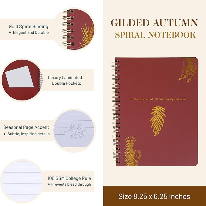 Happy Hoos® Aesthetic Spiral Notebook - 6.25" x 8.25" College Ruled Journal Notebook - Hard Cover Writing Journal for Work, School, Travel, More - Floral Notebook 8 Seasonal Designs (Gilded Autumn)